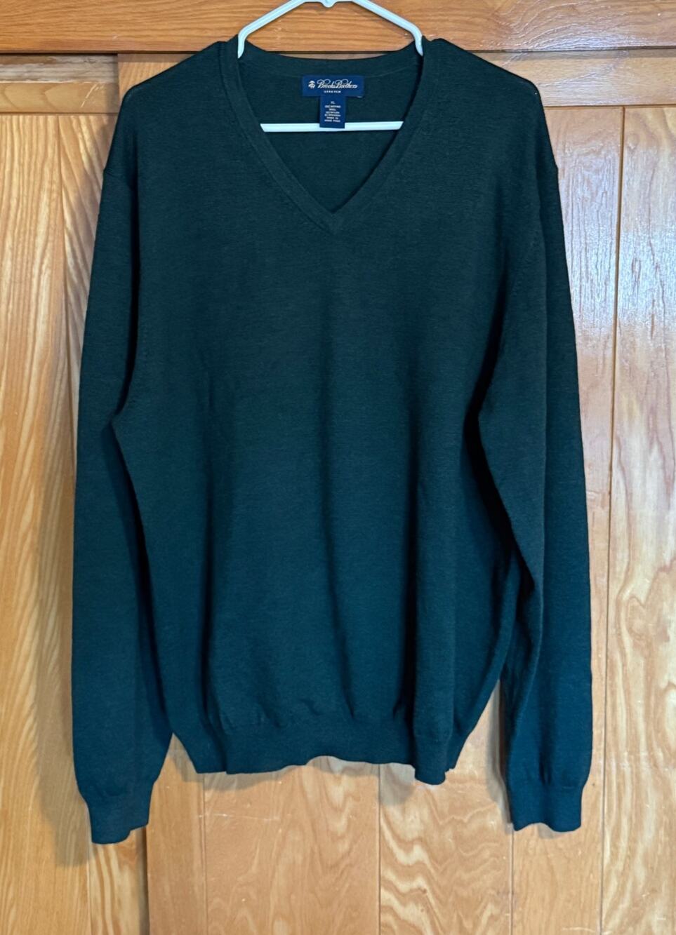 Vintage Brooks Brothers Dark Green Merino Wool V-Neck Sweater - XL